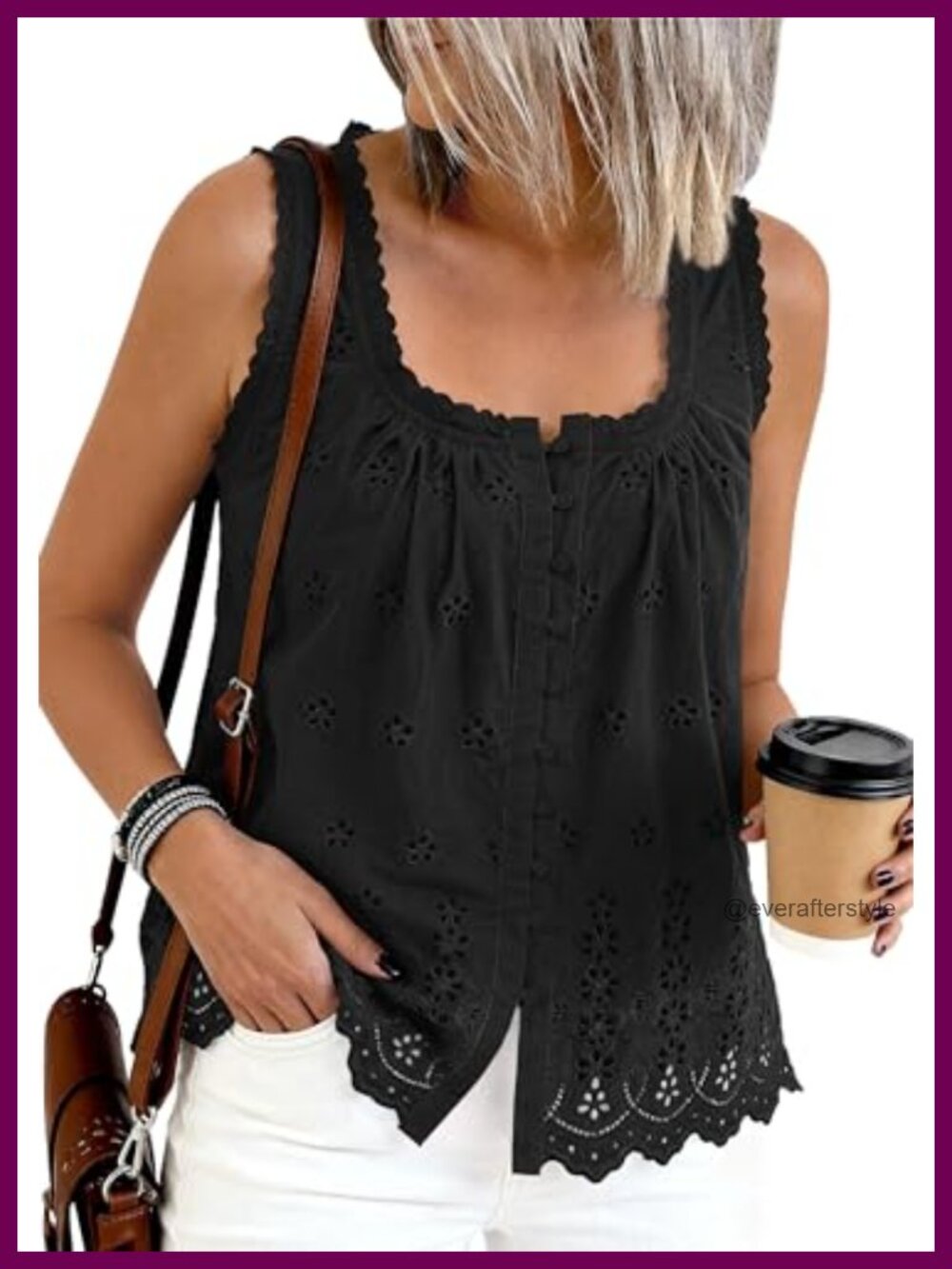 Womens Lace Eyelet Embroidered Tank Top Square Neck Button Down Blouse